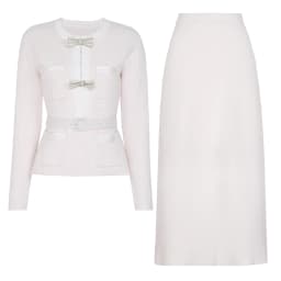 High Quality Spring And Autumn New Style Bright Silk Nail Bead Bow Belt Top Knitted Cardigan+half Skirt Slim Fit Women's Set