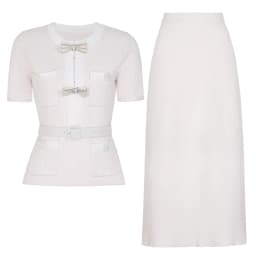 High Quality Spring And Autumn New Style Bright Silk Nail Bead Bow Belt Top Knitted Cardigan+half Skirt Slim Fit Women's Set