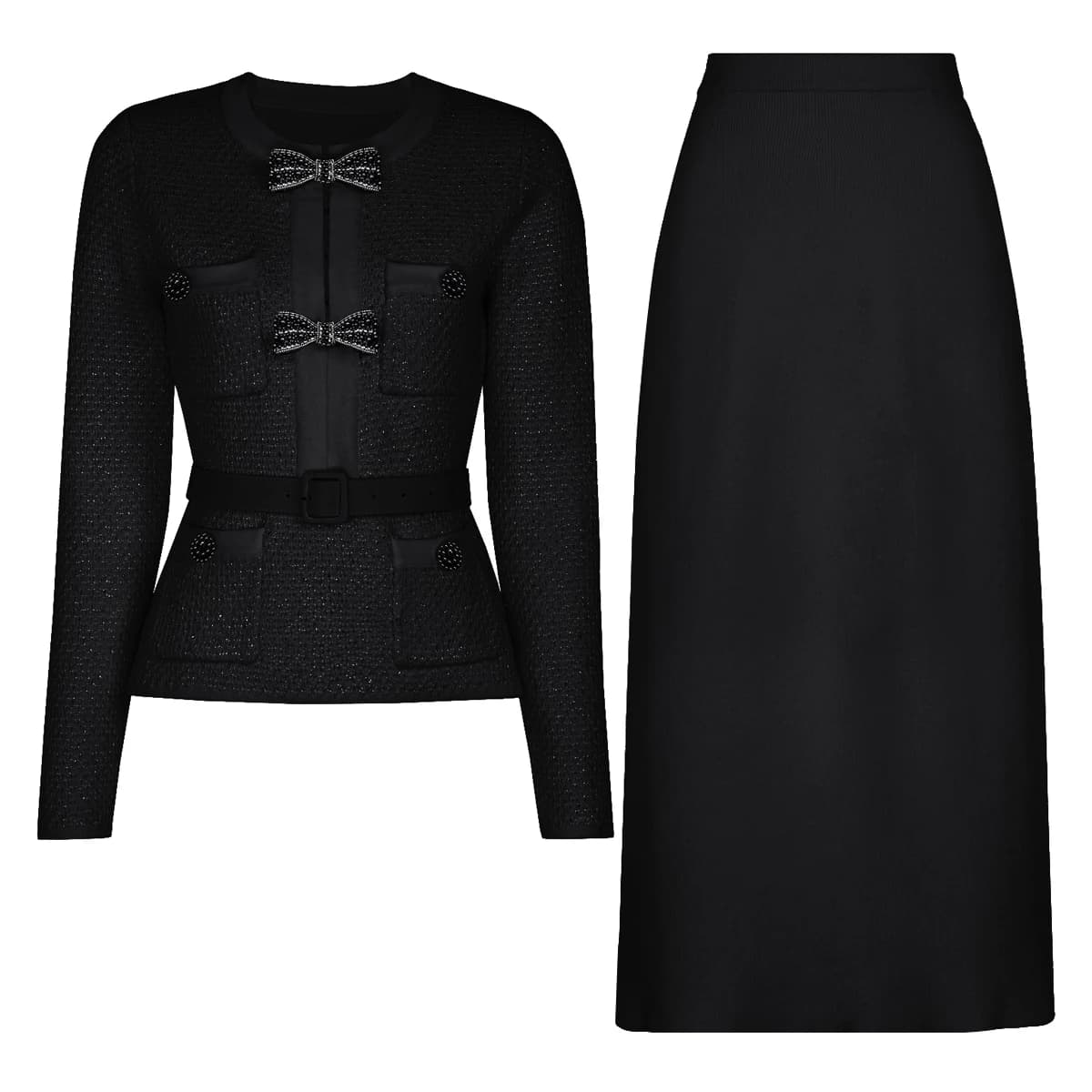 High Quality Spring And Autumn New Style Bright Silk Nail Bead Bow Belt Top Knitted Cardigan+half Skirt Slim Fit Women's Set