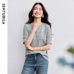 SENTUBILA Women's Knit T-shirt Lace Spliced High Quality Short Sleeve Tee 2026 New Collection Women Summer Top Clothes Q52TL1940