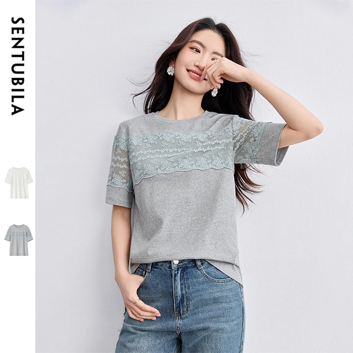 SENTUBILA Women's Knit T-shirt Lace Spliced High Quality Short Sleeve Tee 2026 New Collection Women Summer Top Clothes Q52TL1940