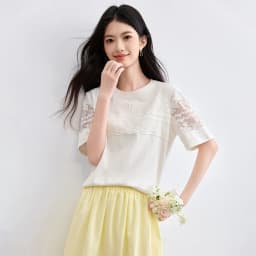 SENTUBILA Women's Knit T-shirt Lace Spliced High Quality Short Sleeve Tee 2026 New Collection Women Summer Top Clothes Q52TL1940