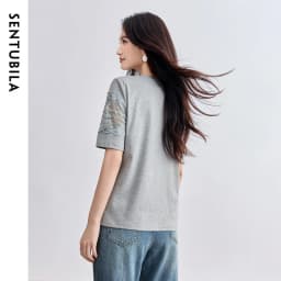 SENTUBILA Women's Knit T-shirt Lace Spliced High Quality Short Sleeve Tee 2026 New Collection Women Summer Top Clothes Q52TL1940