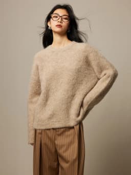 SuyaDream Warm Alpaca Pullovers for Woman, Dropped Sleeved Loose Sweaters, Brushed Wool Knit Sweater, 2026 Fall Winter Top