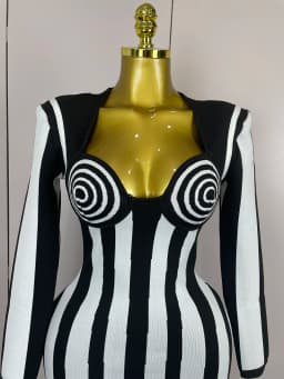 2025 Luxury Sexy Long Sleeve Stripe Black White Mini Bandage Dress Women Knitted Celebrity Elegant Evening Club Birthday Dresses