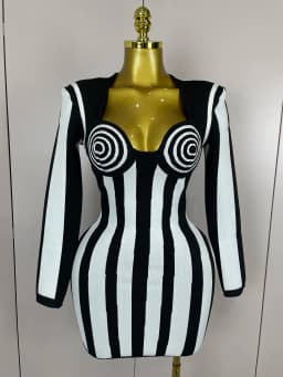 2025 Luxury Sexy Long Sleeve Stripe Black White Mini Bandage Dress Women Knitted Celebrity Elegant Evening Club Birthday Dresses