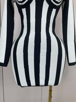 2025 Luxury Sexy Long Sleeve Stripe Black White Mini Bandage Dress Women Knitted Celebrity Elegant Evening Club Birthday Dresses