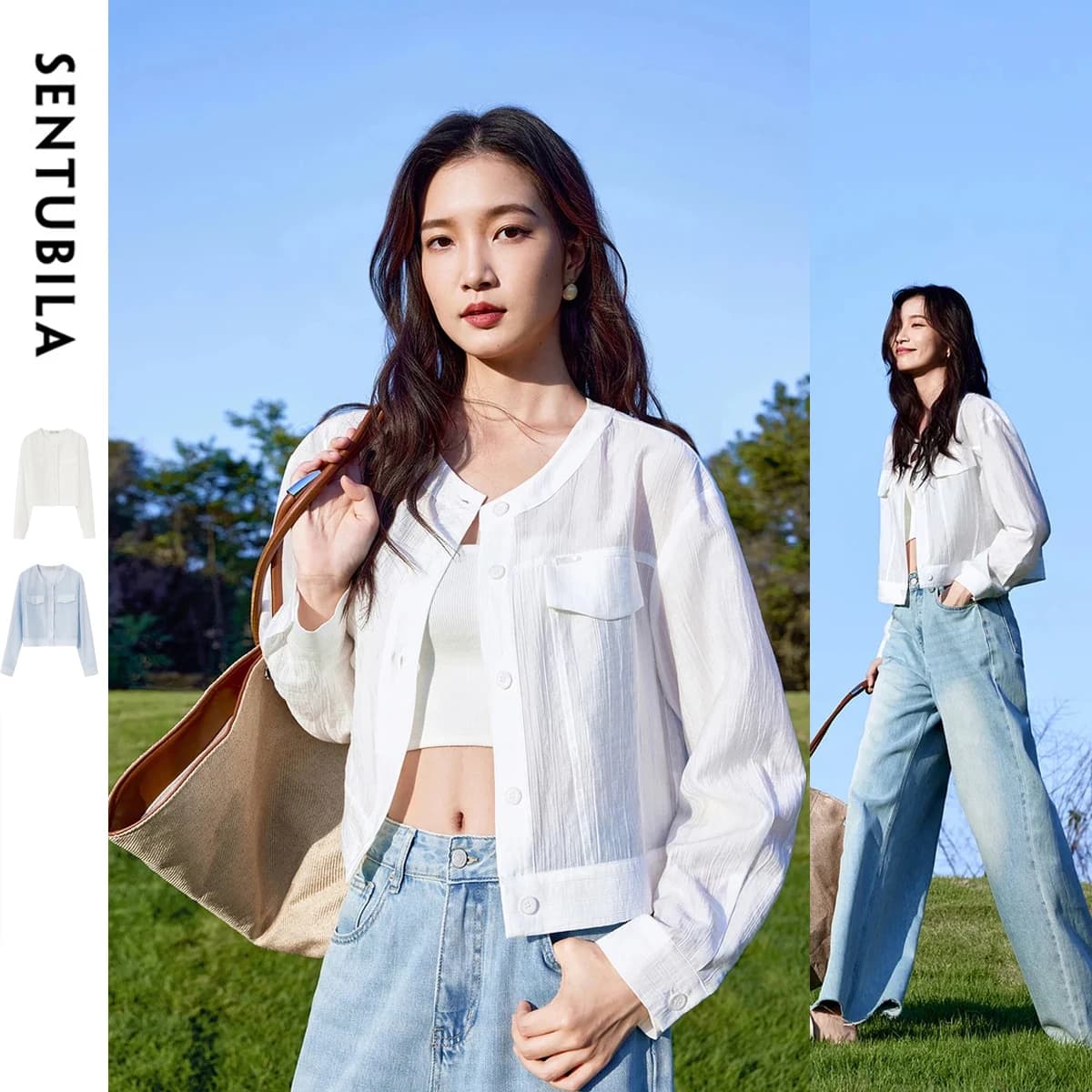 SENTUBILA Lyocell Women Shirt Shacket Single Breasted Long Sleeve Tops 2026 Spring Autumn Cropped Shirts & Blouses 151C57854