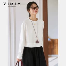 VIMLY Women's Cotton White Tees 2026 Spring Round Neck Pullover Long Sleeve T-shirt Casual Loose Tops for Woman Clothes A0712
