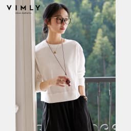 VIMLY Women's Cotton White Tees 2026 Spring Round Neck Pullover Long Sleeve T-shirt Casual Loose Tops for Woman Clothes A0712