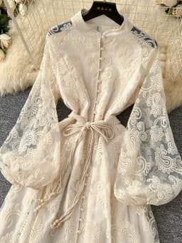 Spring Autumn European American Stand Up Collar Single Breasted Lace Dress Women Elegant Embroidery Large Swing Long Dress C205