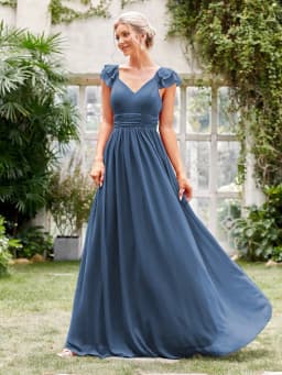 Mgiacy V-neck cap sleeve ruffle lace Extra long evening gown Ball dress Party dress Bridesmaid dress