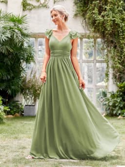 Mgiacy V-neck cap sleeve ruffle lace Extra long evening gown Ball dress Party dress Bridesmaid dress