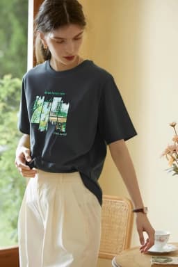 VIMLY Pure Cotton Women's Graphic T-Shirt 2026 Summer Tee Shirt Ladies Short Sleeve T-shirt Loose Simple Printed Tops M9828