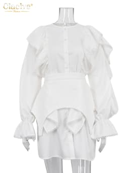 Clacive Fashion Loose White Cotton 2 Piece Sets Women Outfit 2023 Elegant Ruffle Long Sleeve Office Lady Girdle Mini Dress Set