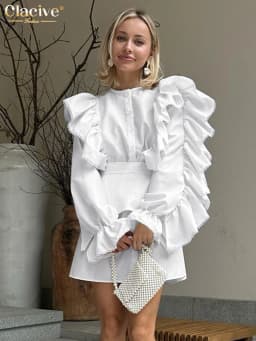 Clacive Fashion Loose White Cotton 2 Piece Sets Women Outfit 2023 Elegant Ruffle Long Sleeve Office Lady Girdle Mini Dress Set