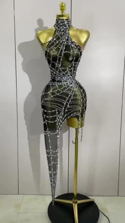 STOCK Sparkly Diamond Sexy Mesh Asymmetric Bodycon Mini Dress Women Nightclub Bar Party Show Gogo Dancer Clothing Stage Costume