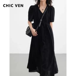 CHIC VEN Fashion Women Dresses Vintage V-neck Puff Sleeve Long Dress Solid White Loose Female Clothing Summer New 2026