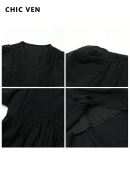 CHIC VEN Fashion Women Dresses Vintage V-neck Puff Sleeve Long Dress Solid White Loose Female Clothing Summer New 2026