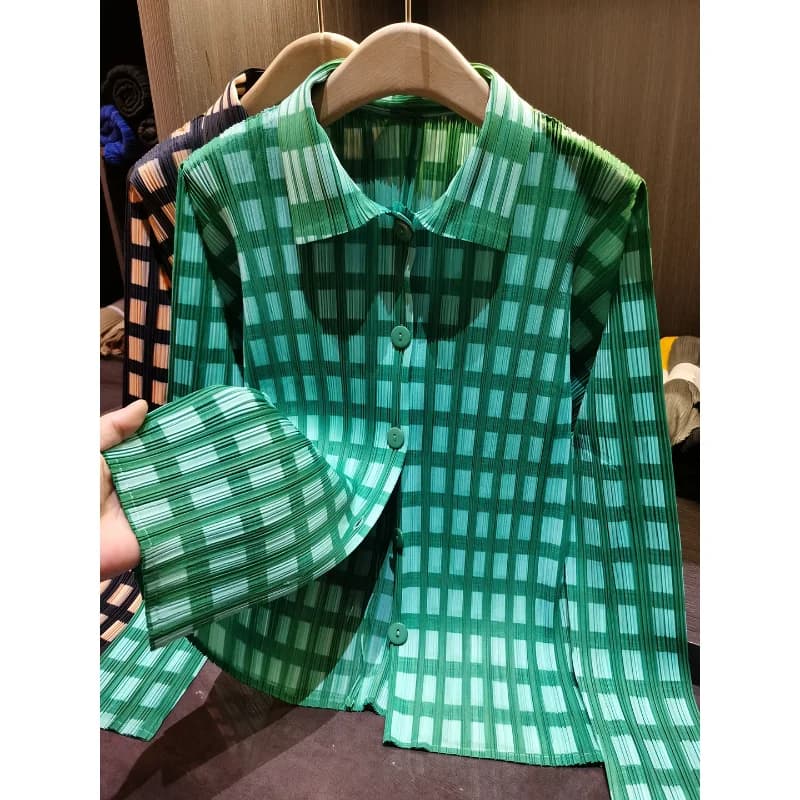 Miyake Pleated Shirt 2026 Spring Summer Plaid Top Women's Simple Loose Slim Versatile Casual Long Sleeve Single-Breasted Blouse