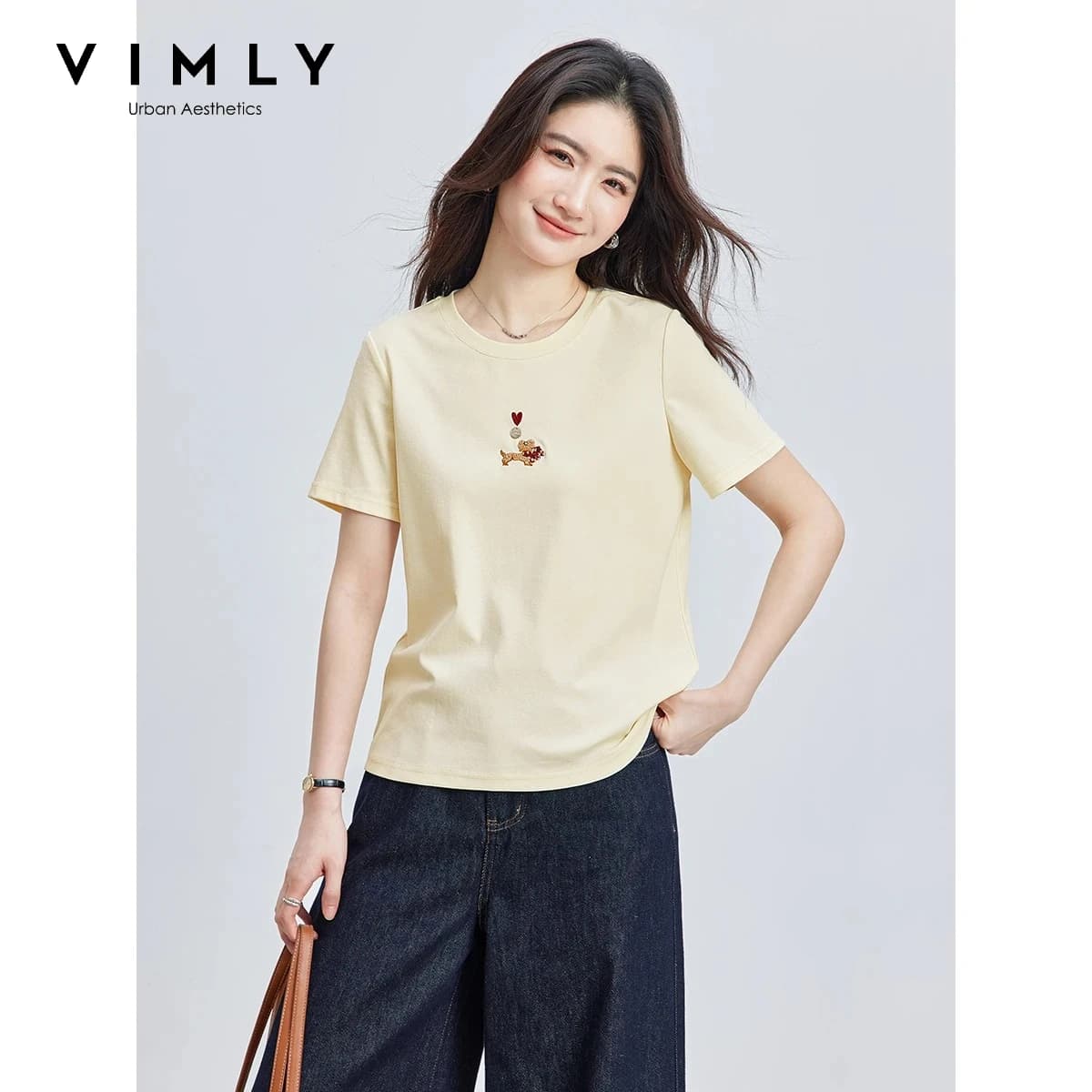 VIMLY Minimalist Cartoon Embroidered Tops for Women 2026 Summer New Versatile Casual Round Neck Cotton Short Sleeve Tee A6625