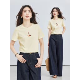 VIMLY Minimalist Cartoon Embroidered Tops for Women 2026 Summer New Versatile Casual Round Neck Cotton Short Sleeve Tee A6625