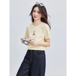 VIMLY Minimalist Cartoon Embroidered Tops for Women 2026 Summer New Versatile Casual Round Neck Cotton Short Sleeve Tee A6625