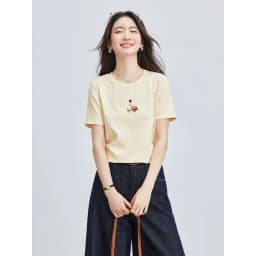 VIMLY Minimalist Cartoon Embroidered Tops for Women 2026 Summer New Versatile Casual Round Neck Cotton Short Sleeve Tee A6625
