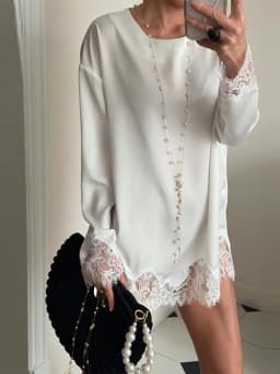 Fashion Solid Color Satin Pearl Mesh Two Piece Set Trendy Long Sleeve Lace Trim Top Fringe Mini Skirt Woman Party Bridal Outfit