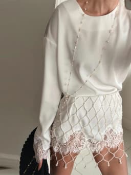 Fashion Solid Color Satin Pearl Mesh Two Piece Set Trendy Long Sleeve Lace Trim Top Fringe Mini Skirt Woman Party Bridal Outfit
