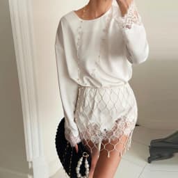 Fashion Solid Color Satin Pearl Mesh Two Piece Set Trendy Long Sleeve Lace Trim Top Fringe Mini Skirt Woman Party Bridal Outfit
