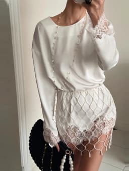 Fashion Solid Color Satin Pearl Mesh Two Piece Set Trendy Long Sleeve Lace Trim Top Fringe Mini Skirt Woman Party Bridal Outfit