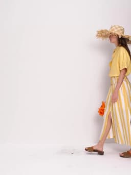 FSLE 2026 Summer Women's Lemon and White Striped A-Line Mini Skirt - Casual Nature-Inspired Flowy Style for Daily Outings