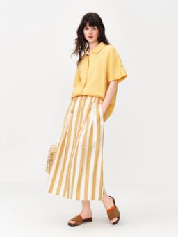 FSLE 2026 Summer Women's Lemon and White Striped A-Line Mini Skirt - Casual Nature-Inspired Flowy Style for Daily Outings
