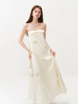 FSLE【L'amour Series】Summer Women's Strapless Satin Maxi Dress with Bow Detail Handmade Floral Appliques for Special Occasions