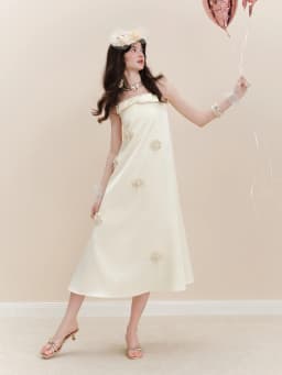 FSLE【L'amour Series】Summer Women's Strapless Satin Maxi Dress with Bow Detail Handmade Floral Appliques for Special Occasions