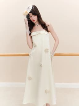 FSLE【L'amour Series】Summer Women's Strapless Satin Maxi Dress with Bow Detail Handmade Floral Appliques for Special Occasions
