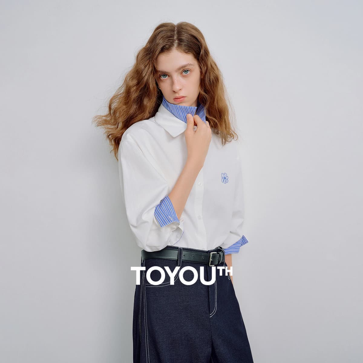 TOYOUTH Women Shirts 2026 Spring New Pure Cotton Striped Double-Layer Collar Niche Design Floral Embroidered Casual Shirt Tops