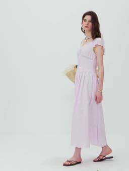 FSLE 2026 Summer Women's V-Neck Puff Sleeve Elegant Tea Dress Cut-Out Embroidered Flowy Midi French Coquette Romantic Style