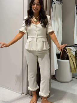 TFMLN Women New U-neck Jacket Pant 2 Piece Set Casual Tierred Short Sleeve Top Slimming Ankle Length Pants Elegant Commuter Suit