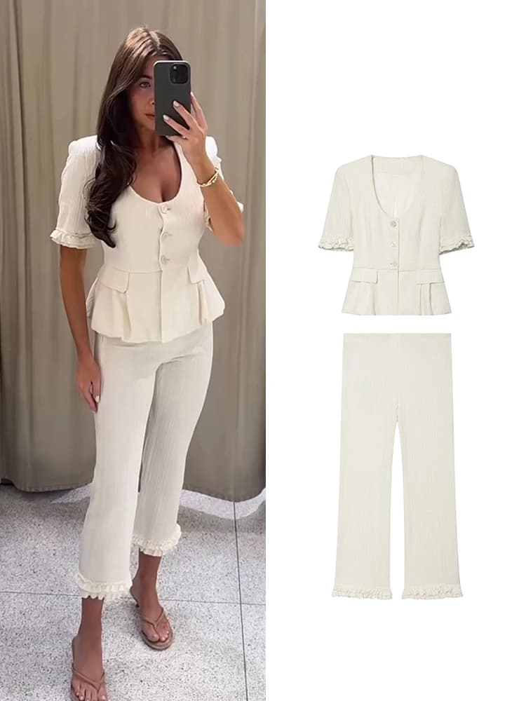 TFMLN Women New U-neck Jacket Pant 2 Piece Set Casual Tierred Short Sleeve Top Slimming Ankle Length Pants Elegant Commuter Suit