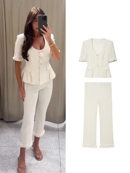 TFMLN Women New U-neck Jacket Pant 2 Piece Set Casual Tierred Short Sleeve Top Slimming Ankle Length Pants Elegant Commuter Suit