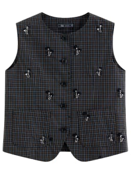 FSLE 【Premium Series】 Women's 2026 Summer New Vintage Beaded Black Plaid Tweed Vest & Skirt Set | Elegant Lady Two-Piece Outfit
