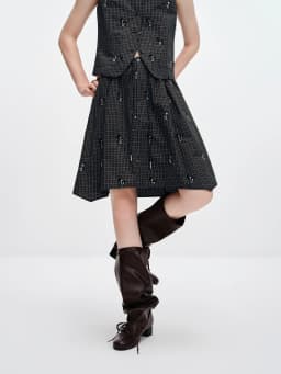 FSLE 【Premium Series】 Women's 2026 Summer New Vintage Beaded Black Plaid Tweed Vest & Skirt Set | Elegant Lady Two-Piece Outfit