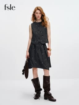 FSLE 【Premium Series】 Women's 2026 Summer New Vintage Beaded Black Plaid Tweed Vest & Skirt Set | Elegant Lady Two-Piece Outfit