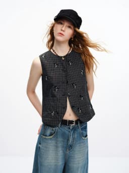 FSLE 【Premium Series】 Women's 2026 Summer New Vintage Beaded Black Plaid Tweed Vest & Skirt Set | Elegant Lady Two-Piece Outfit