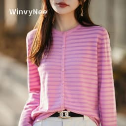 WinvyNee Women's Spring Fine Wool Knitted Cardigan Striped Crew Neck Long Sleeve Fashionable Designed Casual Outwear ZB1497001
