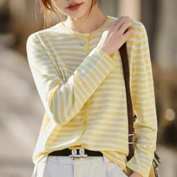 WinvyNee Women's Spring Fine Wool Knitted Cardigan Striped Crew Neck Long Sleeve Fashionable Designed Casual Outwear ZB1497001