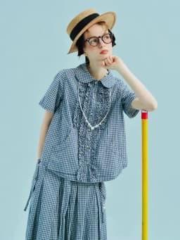 imakokoni Women's Blouses and Shirts Female Clothing 2026 New Collection Tops Doll Collar Ruffle Plaid Short Sleeve Shirt 255011
