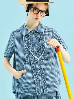 imakokoni Women's Blouses and Shirts Female Clothing 2026 New Collection Tops Doll Collar Ruffle Plaid Short Sleeve Shirt 255011